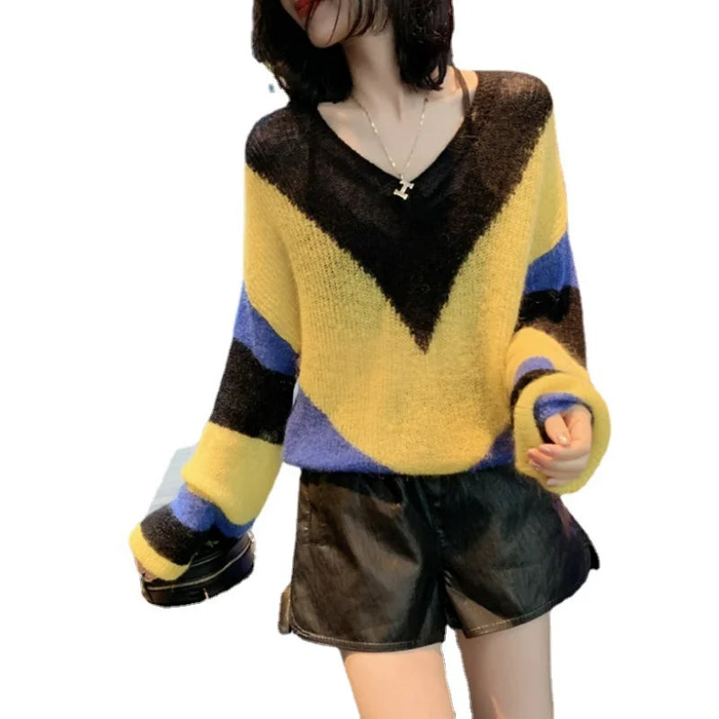 Women's Mohair Sweater Sexy V-neck Striped Hollow Knit Oversized Long Sleeve Pullover Sweater Fall Fashion Harajuku Jumpers