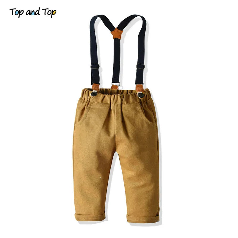 Boys Clothing Sets Springs Autumn New Kids Boys Long Sleeve Plaid Bowtie Tops+Suspender Pants Casual Clothes Outfit