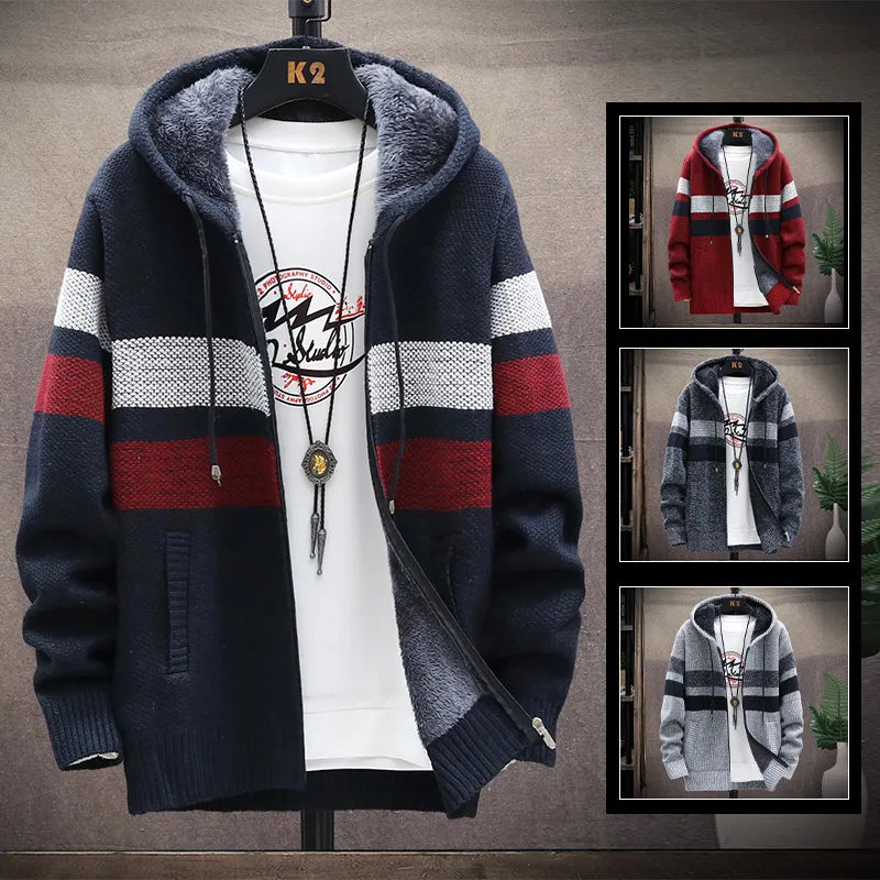 Men's Striped Cardigan Winter Sweater Fleece Jumper Hooded Clothes Harajuku Wool Japanese Casual Windbreaker Korean Jacket