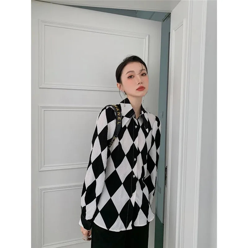 Elegant Retro Diamond Pattern Women Shirt Loose All-Match Long-Sleeved Shirt Spring Autumn Korean Style Blouse Female Top Lady