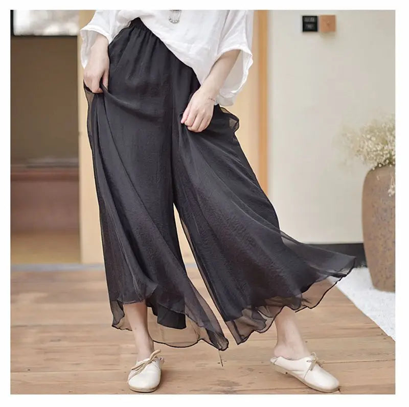 Women's Elegant Chinese Style Wide Leg Pants Female Casual Cotton Linen Loose High Waisted Flowy Dance Pants Spring
