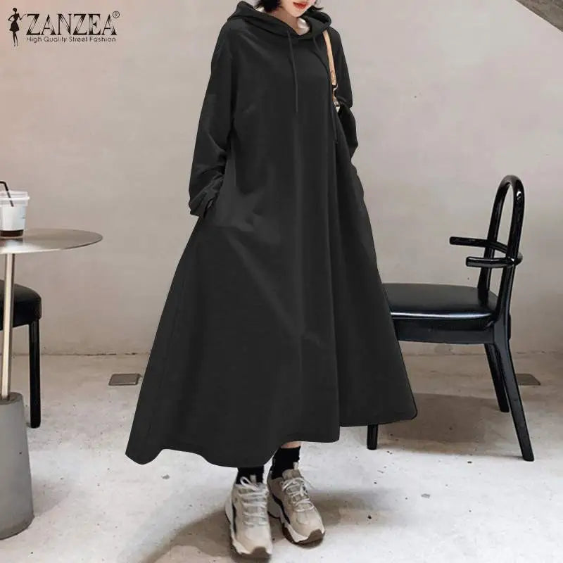 Stylish Hooded Hoodies Dress Women Autumn Sweatshirts Casual Long Sleeve Maxi  Female Solid Robe