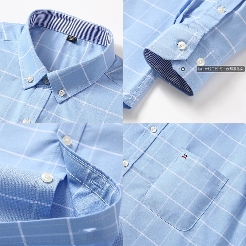 Mens Striped Shirts 100% Cotton Oxford Long Sleeve Plaid Solid Color Casual Shirts for Business Men Daily Use