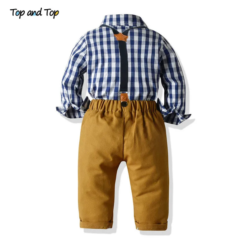 Boys Clothing Sets Springs Autumn New Kids Boys Long Sleeve Plaid Bowtie Tops+Suspender Pants Casual Clothes Outfit