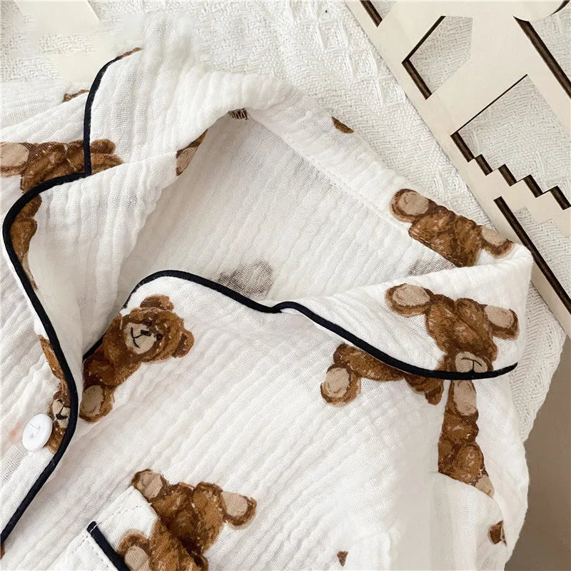 Cotton Yarn Kids Full Bear Pajamas Set Soft Beathable Cardigan And Pants Home Sleepwear Outfit