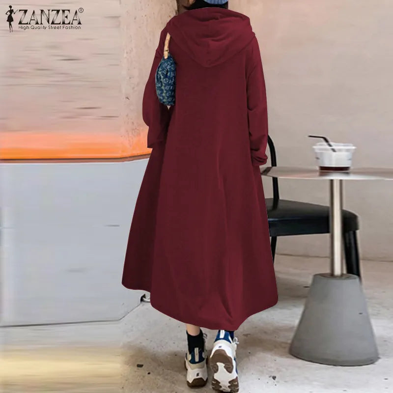 Stylish Hooded Hoodies Dress Women Autumn Sweatshirts Casual Long Sleeve Maxi  Female Solid Robe