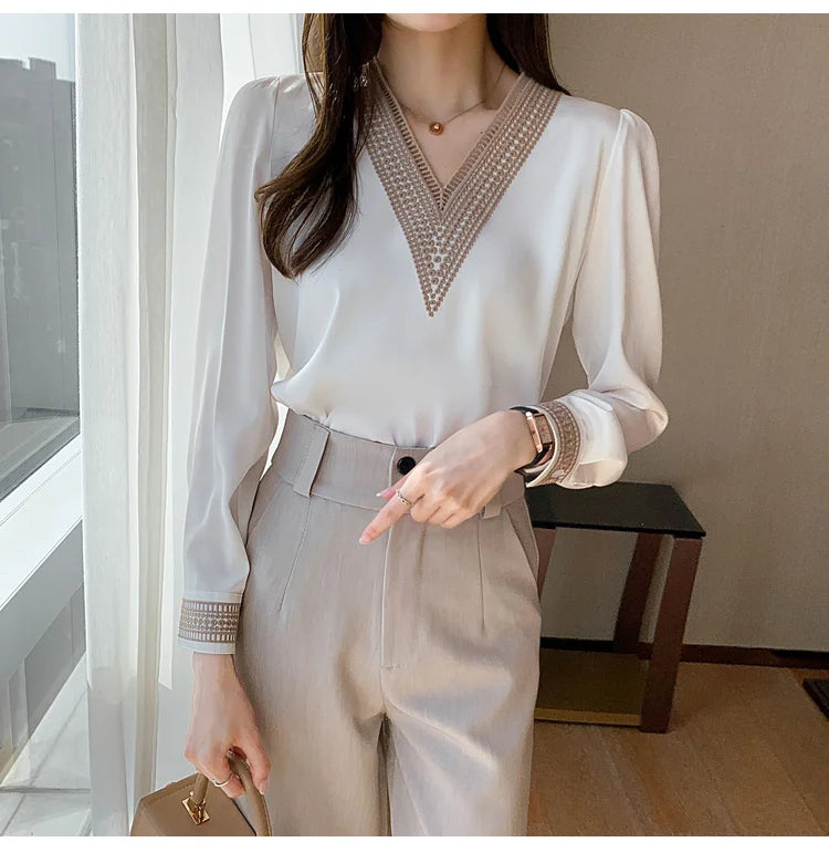 Women Elegant Chiffon Shirts New Fashion White V Neck Casual Loose Long Sleeve Blouses Top