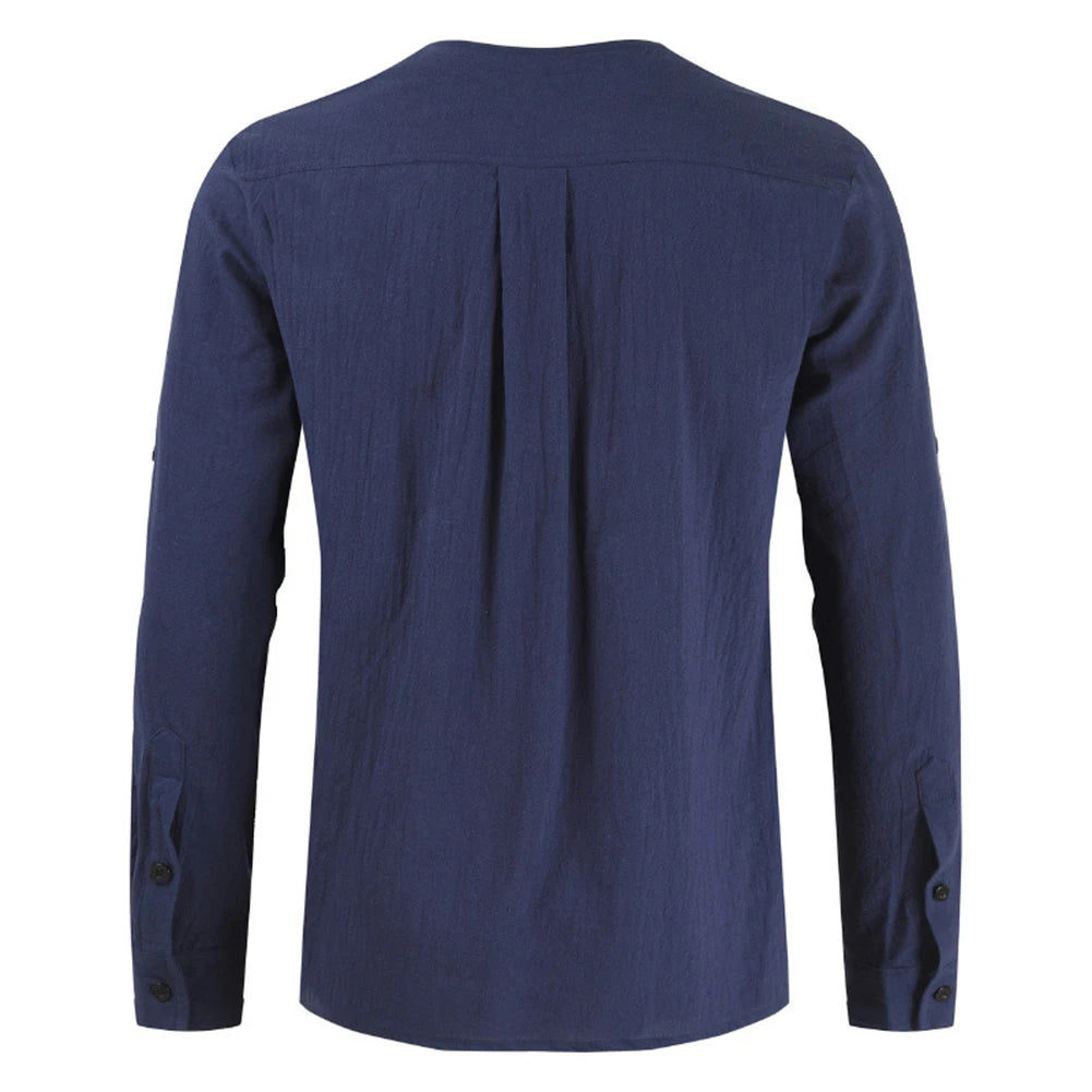 Men Cotton Linen Shirt Top Drawstring Blouse Ancient Viking Embroidery Lace Up V Neck Long Sleeve T-Shirt Top For Men's Clothing