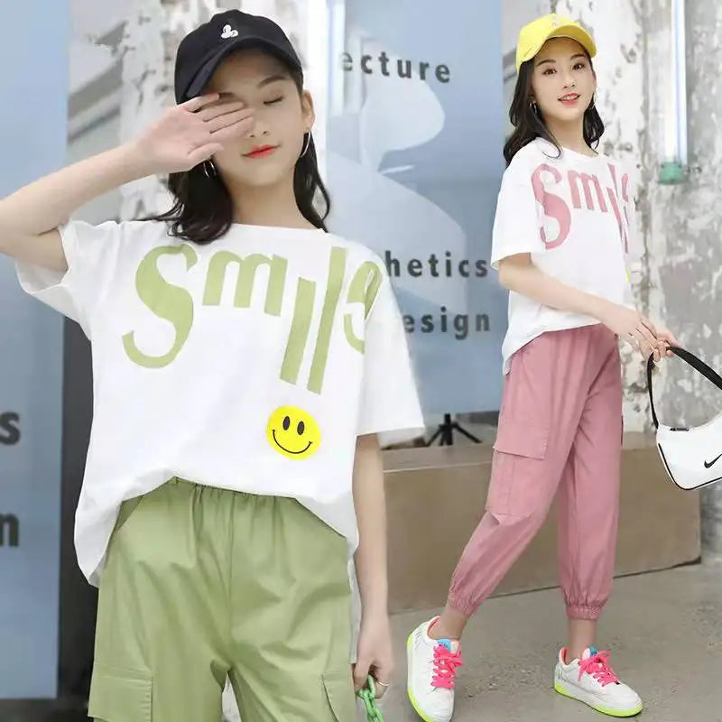 Teenage Summer Girls Clothes Sets Outfits Kids Short Sleeve T-shirt + Long Pants 2PCS Children Clothing 6 8 10 12 14 Year