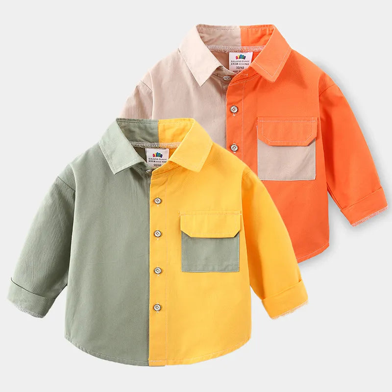 Spring Autumn New Design 2 3 4 5 6  8 10 Years Children Long Sleeve Pocket Color Patchwork Cotton Shirt For Baby Kids Boys