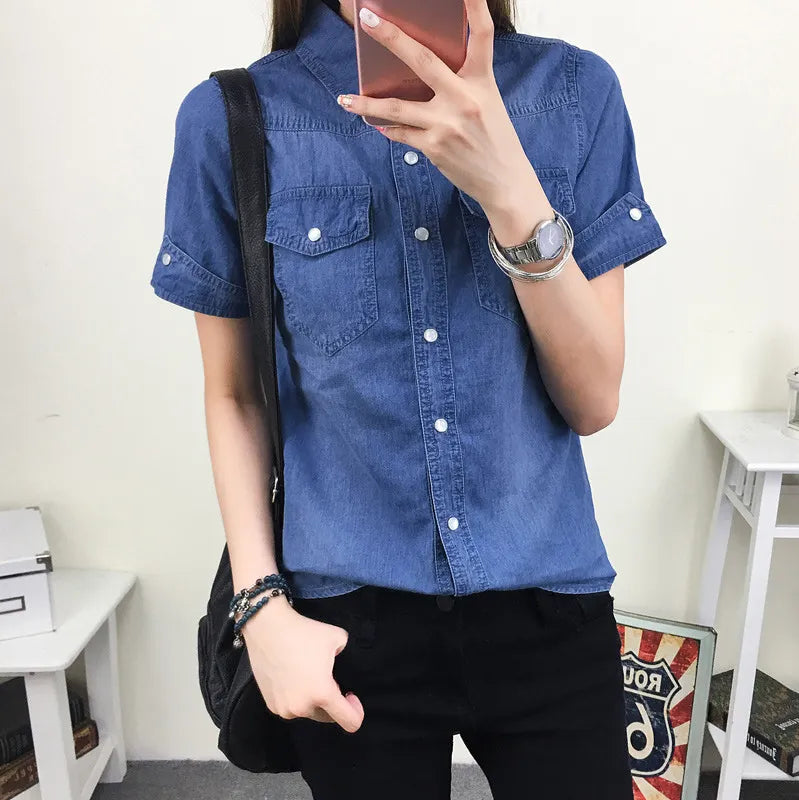 Summer Cotton Denim Shirt Women Short Sleeve Slim Fit Preppy Style Casual Jeans Shirt Ladies Basic Blouse Shirt Slim