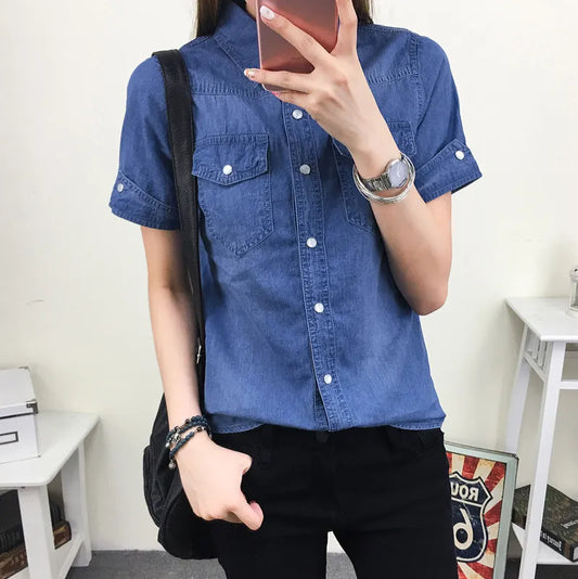 Summer Cotton Denim Shirt Women Short Sleeve Slim Fit Preppy Style Casual Jeans Shirt Ladies Basic Blouse Shirt Slim