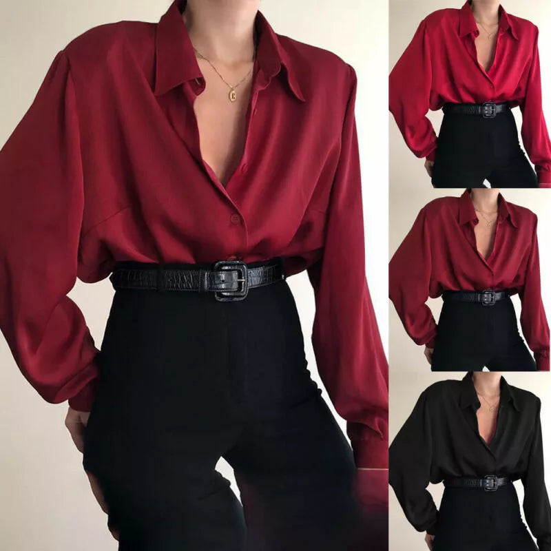 Women Button Blouses Turn Down Collar Shirts Long Sleeve Casual Blouse Loose Shirt Baggy Tops