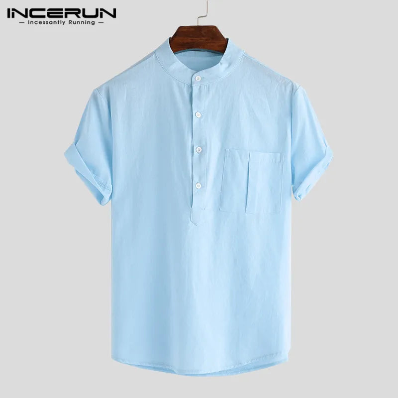 Summer Casual Men Shirts Stand Collar Solid Cotton Blouse Short Sleeve Streetwear Brand Shirts Harajuku Camisas Hombre