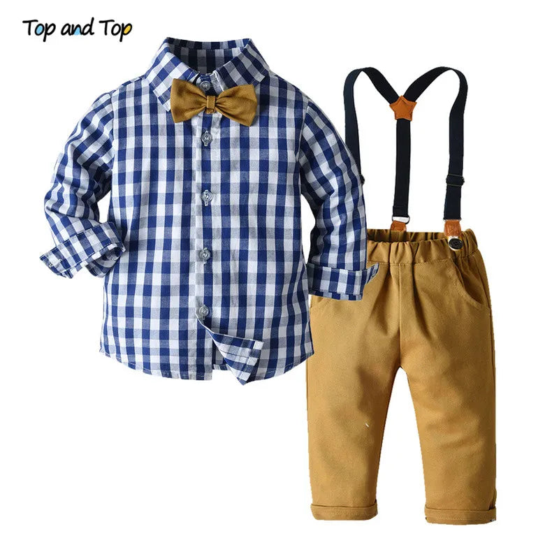 Boys Clothing Sets Springs Autumn New Kids Boys Long Sleeve Plaid Bowtie Tops+Suspender Pants Casual Clothes Outfit