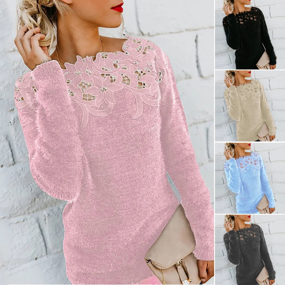 Loose dress Sweater  Women Solid Color Long Sleeve O Neck Floral Lace Pullover vest Sweater