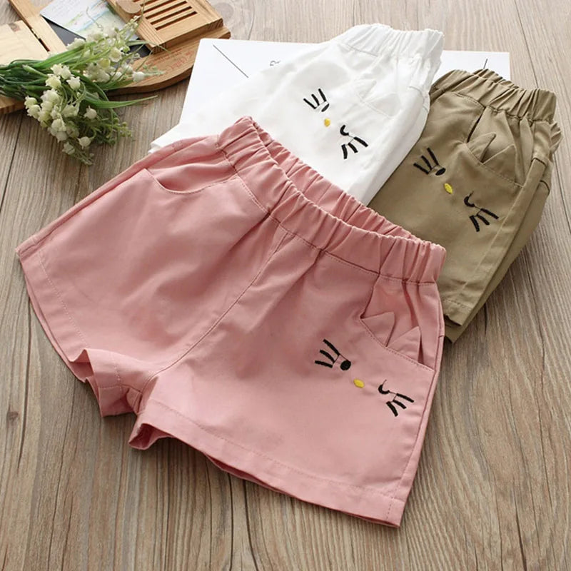 Children Fashion Cotton Embroidery Cartoon Solid Color Cotton Summer Shorts For Kids Baby Girls