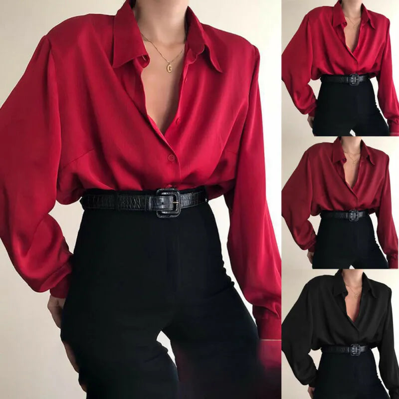 Women Button Blouses Turn Down Collar Shirts Long Sleeve Casual Blouse Loose Shirt Baggy Tops