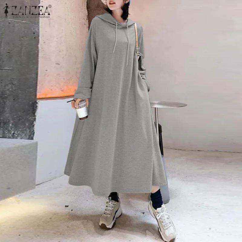 Stylish Hooded Hoodies Dress Women Autumn Sweatshirts Casual Long Sleeve Maxi  Female Solid Robe