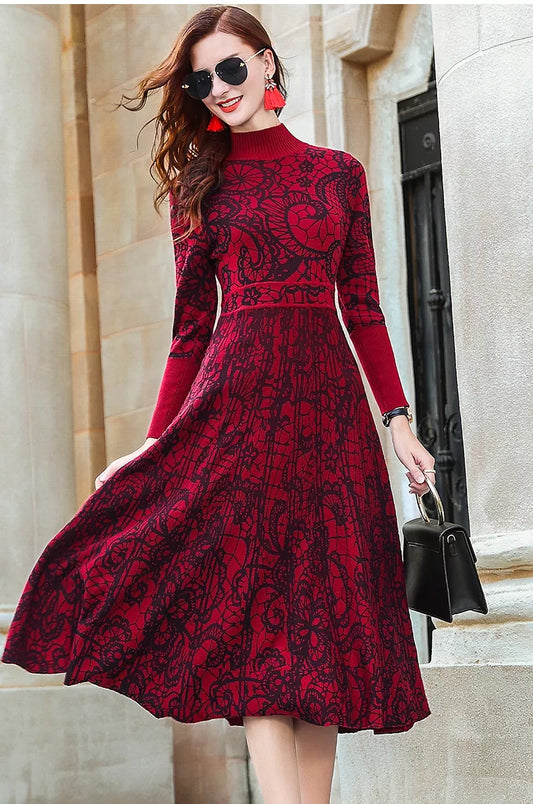 Red autumn/winter  new turtle neck long sleeve cultivate one's temperament sweater knitting dress knee-length dress