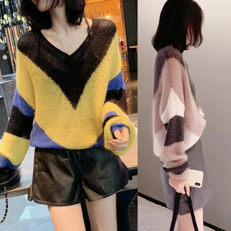 Women's Mohair Sweater Sexy V-neck Striped Hollow Knit Oversized Long Sleeve Pullover Sweater Fall Fashion Harajuku Jumpers