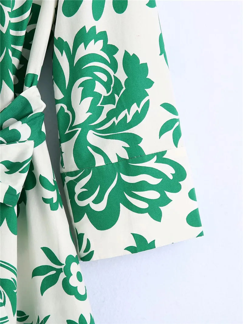 Women Green Floral Midi Dress With Belt Vintage Three Quarter Sleeve Dress Female Outwear Vestidos