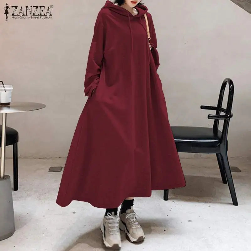 Stylish Hooded Hoodies Dress Women Autumn Sweatshirts Casual Long Sleeve Maxi  Female Solid Robe