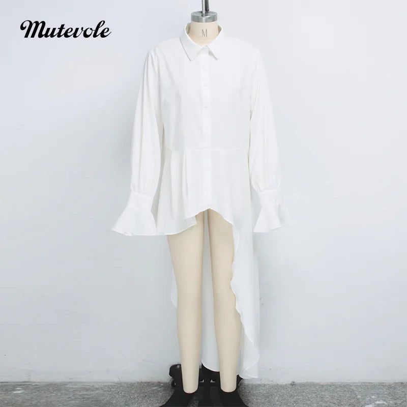 Casual Flare Sleeve Irregular Blouse Shirt Women Sexy Asymmetrical Long Shirt Fashion Front Button White High Low Tops