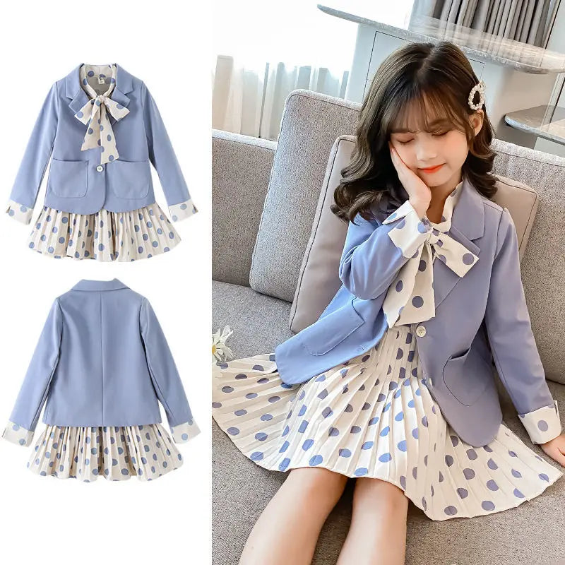 Kids School Outfits Blazer Jacket + Dress 2PCS Tuxedos Suit for Girls Formal Wedding Suit Sets Children Clothes 4 6 8 10 14 Year
