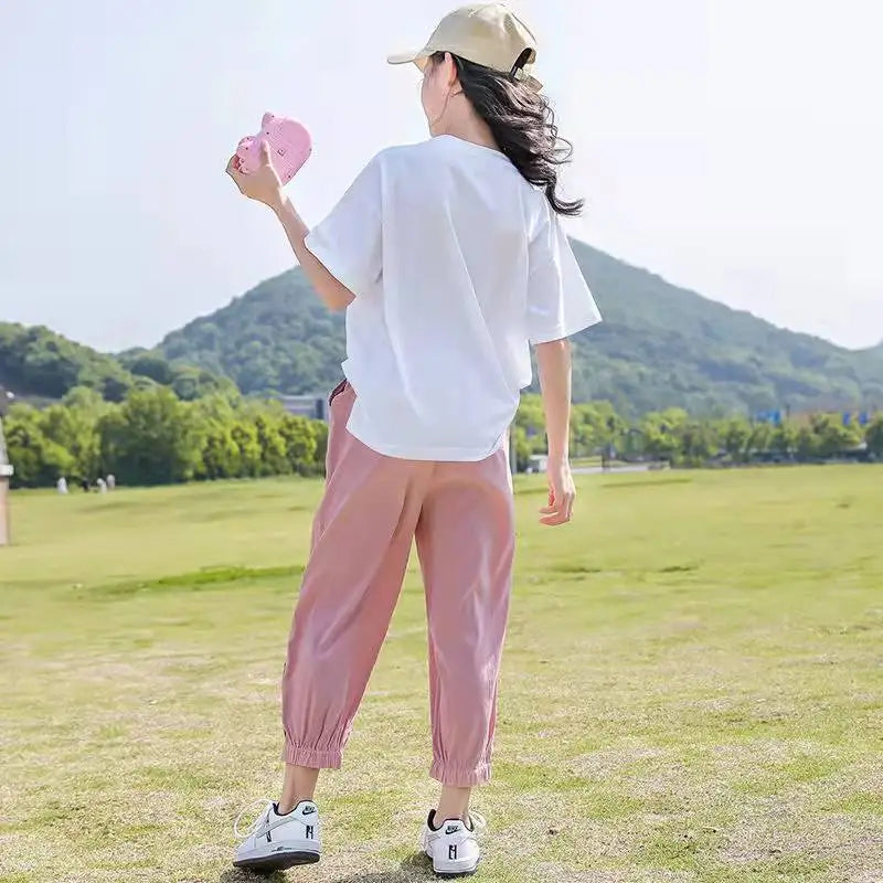 Teenage Summer Girls Clothes Sets Outfits Kids Short Sleeve T-shirt + Long Pants 2PCS Children Clothing 6 8 10 12 14 Year