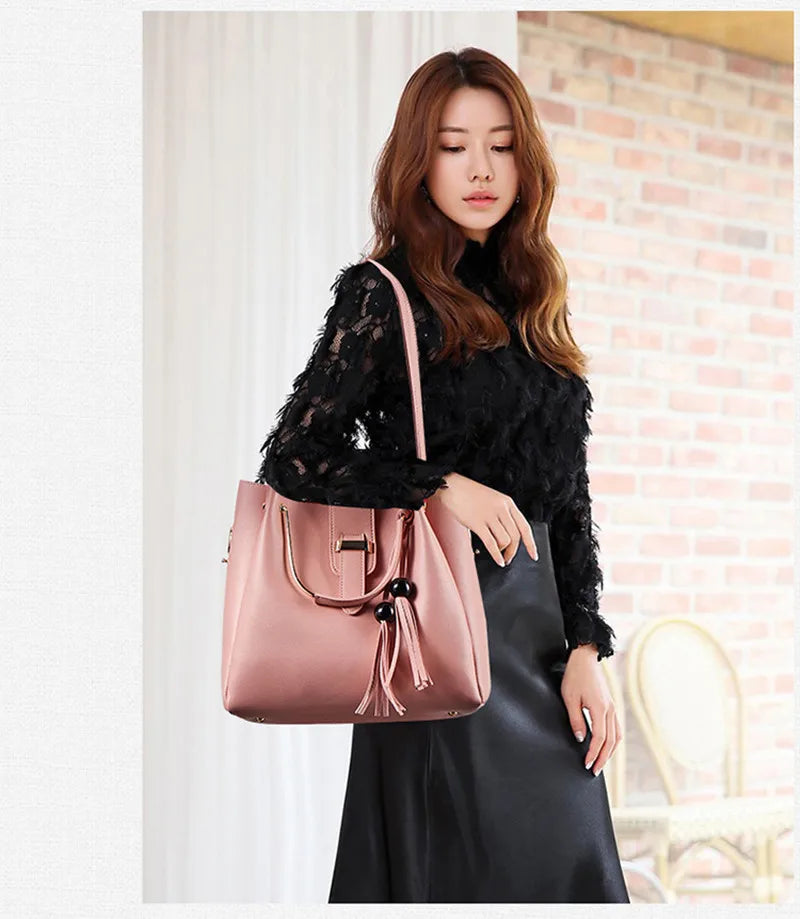 Fashion Women Bucket Handbag Large Capacity PU Leather Shoulder Bag Female  Wild 3 Pcs Set Retro Tote Tassel Messenger Bags