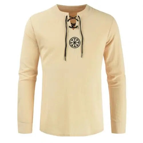 Men Cotton Linen Shirt Top Drawstring Blouse Ancient Viking Embroidery Lace Up V Neck Long Sleeve T-Shirt Top For Men's Clothing
