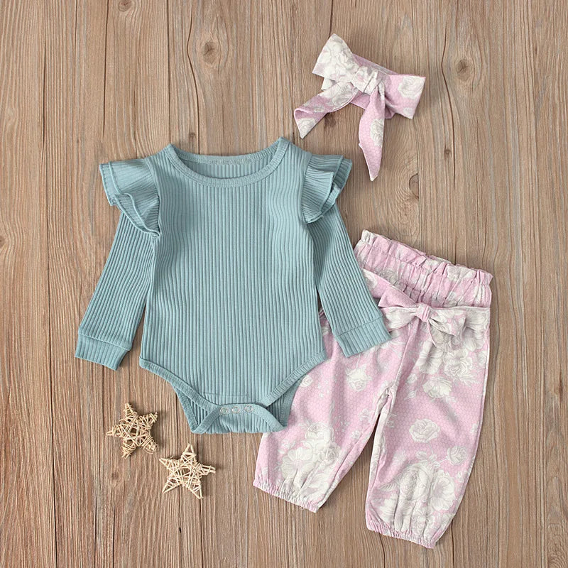 Spring 3Piece Outfits Newborn Baby Girls Clothes Long Sleeve Cotton Bodysuits+Flowers Pants+Headband Infant Clothing Sets