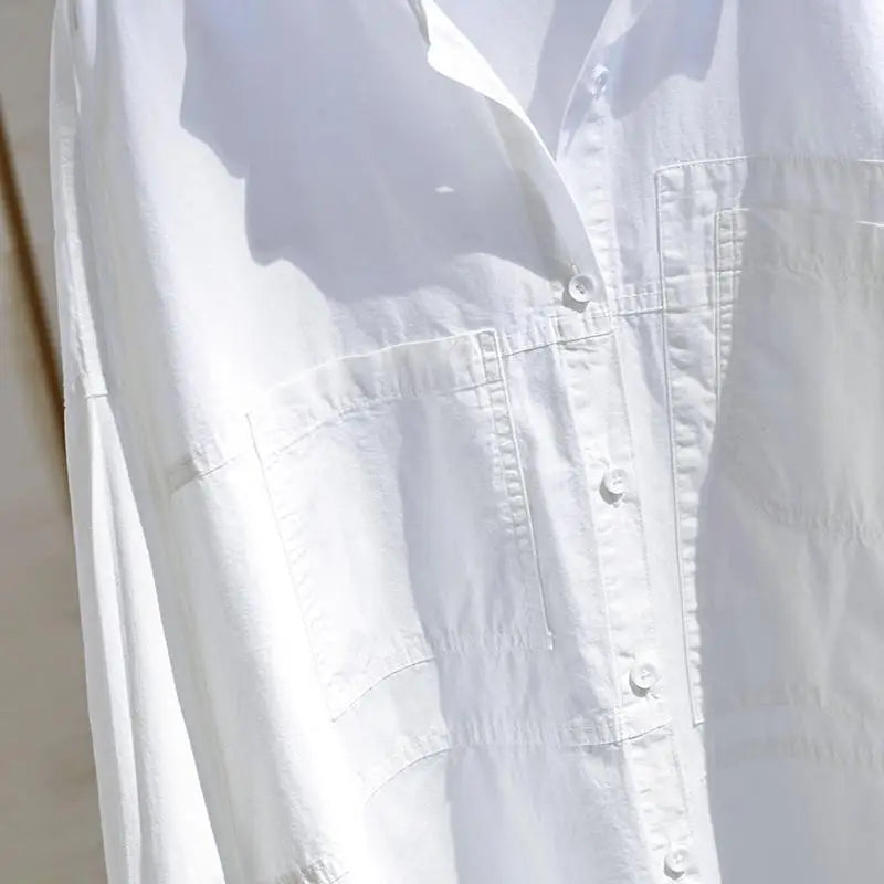 Shirts Womens  Korean Fashionable Double Pocket Long Sleeve Cotton White Tops Female  Boy Friend Style Trend Blouse