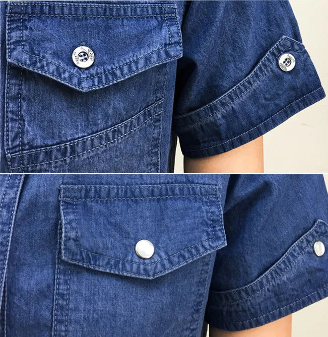 Summer Cotton Denim Shirt Women Short Sleeve Slim Fit Preppy Style Casual Jeans Shirt Ladies Basic Blouse Shirt Slim