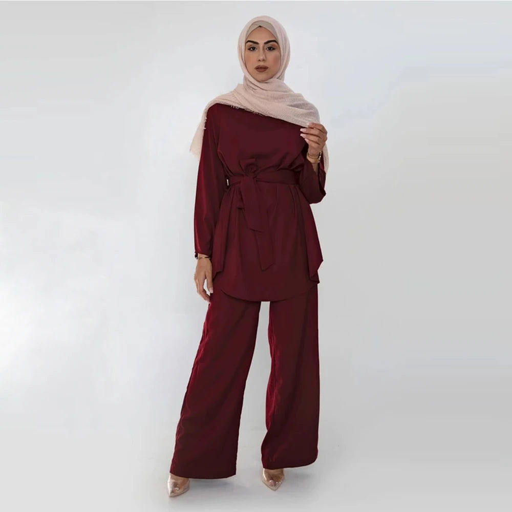 Abaya Hijab Two-piece Muslim Sets Dress Caftan Kaftans Islam Clothing 2 Piece Set Women Loose Wide Leg Pants