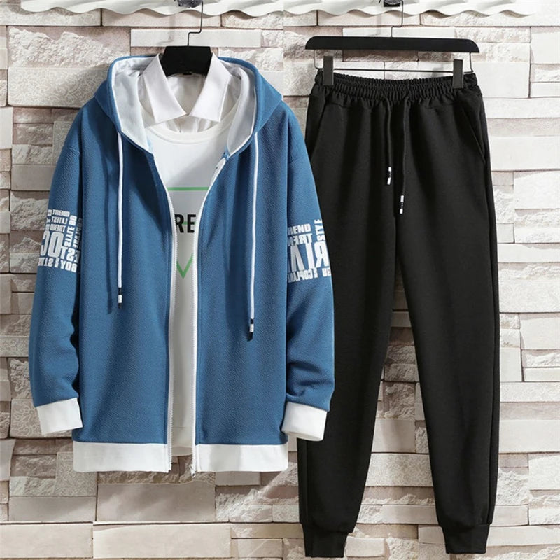 2 Pieces Sets Printed Tracksuit Men Hooded Sweatshirt+Joggers Pants Zipper Hoodie Sportwear Suit Casual Men Clothes Streetwear