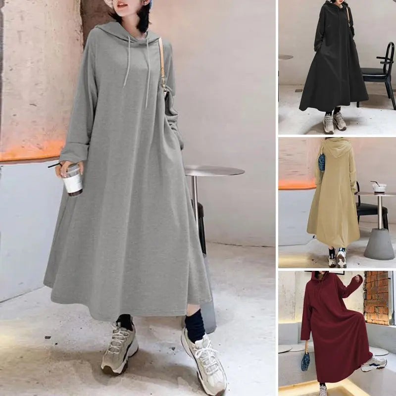 Stylish Hooded Hoodies Dress Women Autumn Sweatshirts Casual Long Sleeve Maxi  Female Solid Robe
