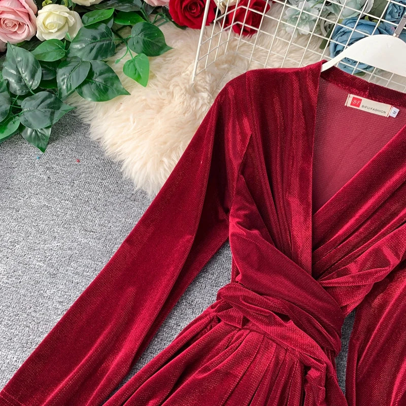 Vintage Long Sleeve V-Neck Bandage Dresses High Waist Elegant Black Party Dress Spring New Women Velvet Dress