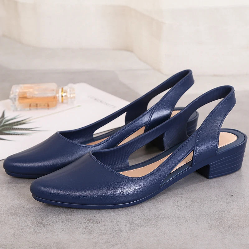 Sandals Women Pointed Toe Chunky Med High Heels Flip Flops Singback Casual Candy Skid proof Beach Shoes For Women