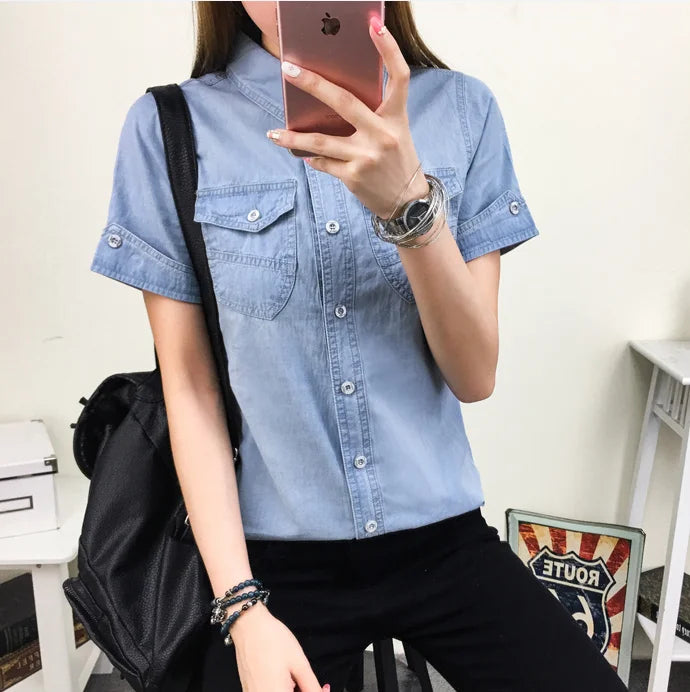 Summer Cotton Denim Shirt Women Short Sleeve Slim Fit Preppy Style Casual Jeans Shirt Ladies Basic Blouse Shirt Slim