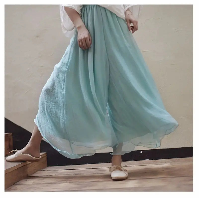 Women's Elegant Chinese Style Wide Leg Pants Female Casual Cotton Linen Loose High Waisted Flowy Dance Pants Spring