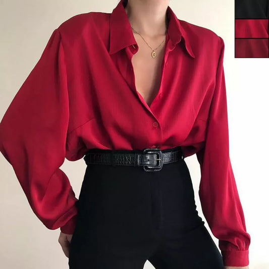 Women Button Blouses Turn Down Collar Shirts Long Sleeve Casual Blouse Loose Shirt Baggy Tops