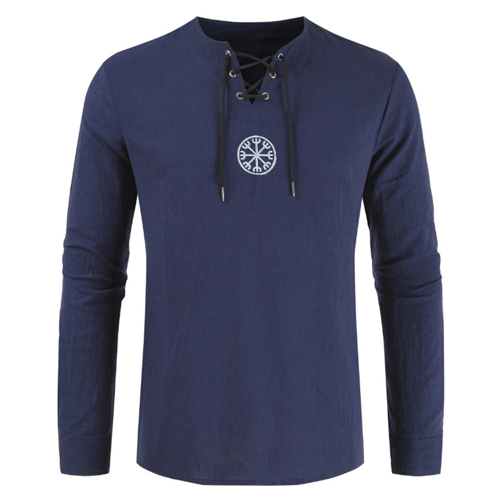 Men Cotton Linen Shirt Top Drawstring Blouse Ancient Viking Embroidery Lace Up V Neck Long Sleeve T-Shirt Top For Men's Clothing