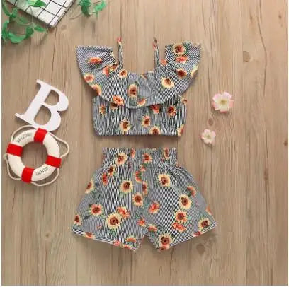 1-6 Year Old Toddler Baby Girl Clothes Watermelon Sunflower Print Ruffle Drop Shoulder Strap Top Shorts 2-Piece Summer Set