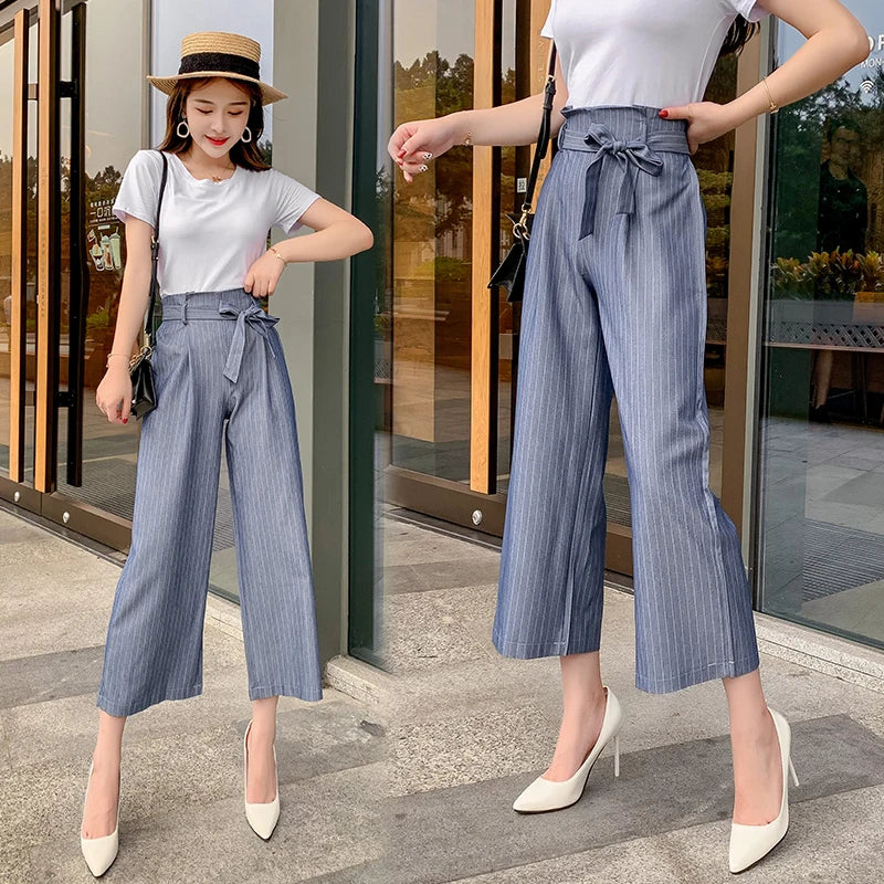 Wide Leg Pants Elastic High Waist Woman Plaid Striped Bottom Capris Pant Summer Wear Loose Stripe Bow Tie Women Cropped Trousers