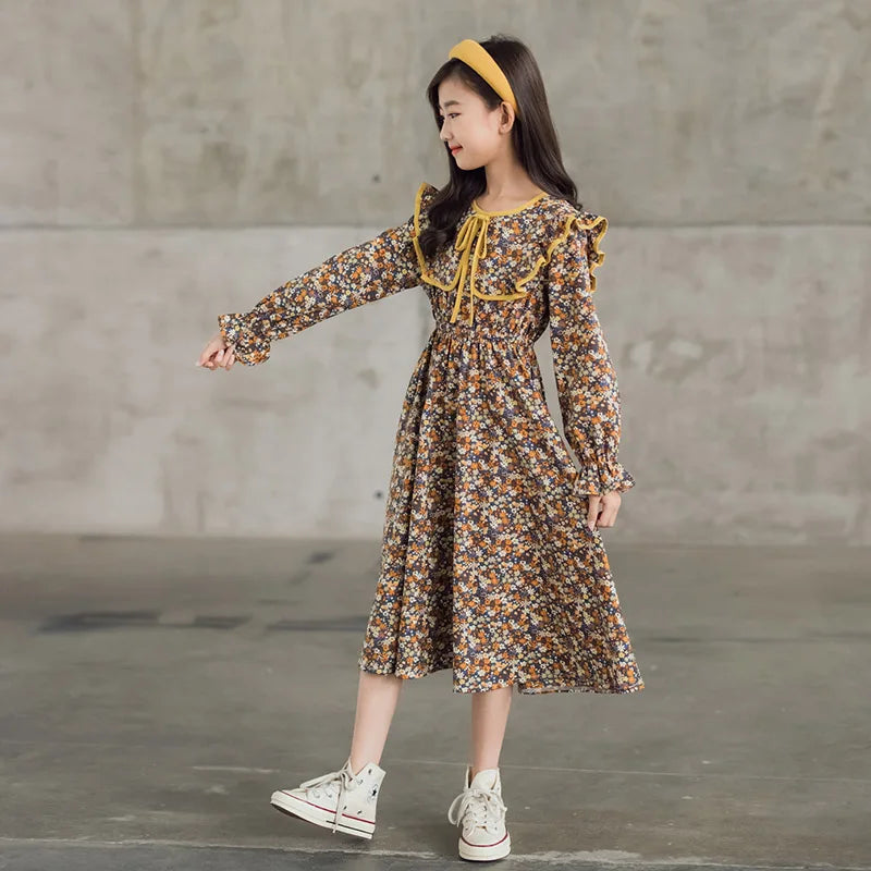 Girls Dress Floral Printed Long Sleeve Spring Autumn Cotton Midi Casual Teen Dress Kids Clothes Robe