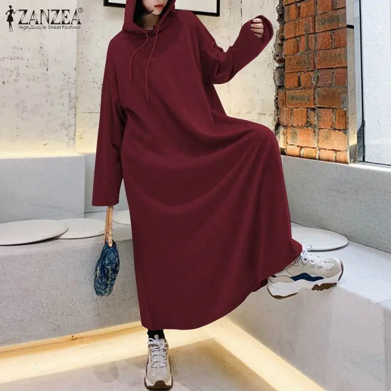 Stylish Hooded Hoodies Dress Women Autumn Sweatshirts Casual Long Sleeve Maxi  Female Solid Robe