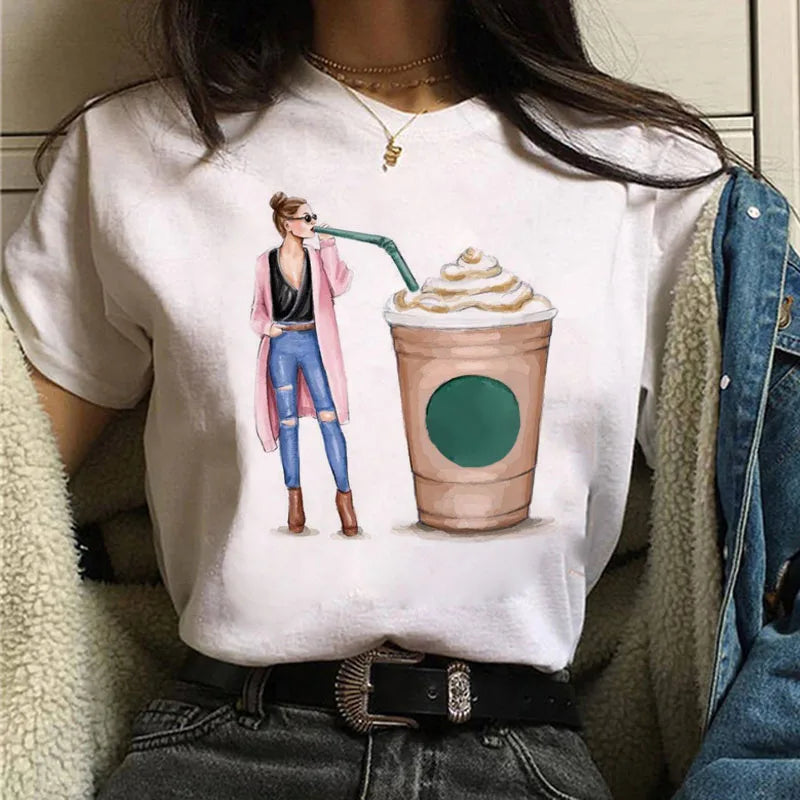 Women T Shirt Coffee Time and Girl Printed T Shirt Female Summer Casual Tops