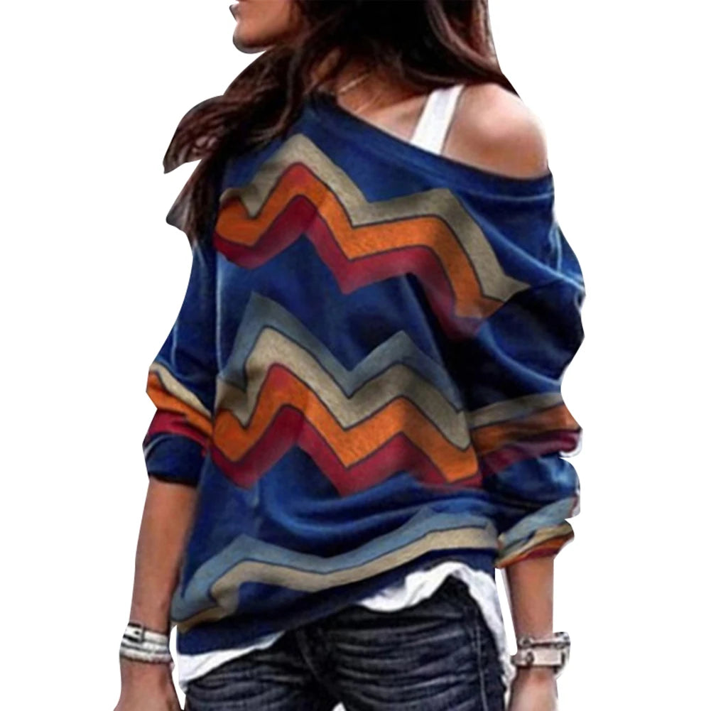 Women Geometric Print Single Off-shoulder Long Sleeve Pullover Blouse